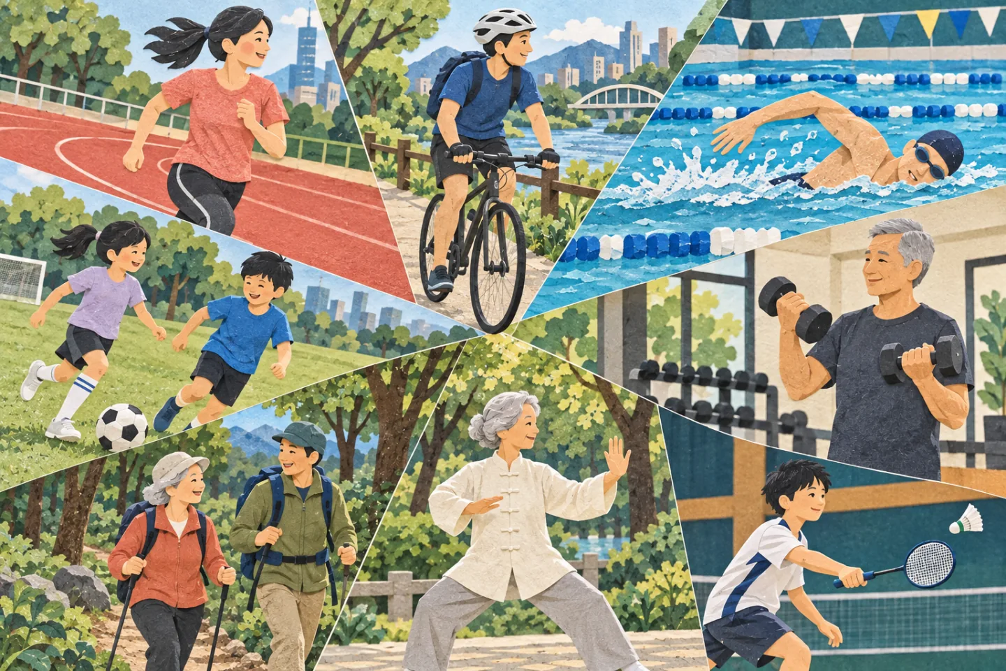 剪紙拼貼插畫：兒童、青少年、成人與長者參與跑步、自行車、游泳、肌力訓練、足球、羽球、健行與太極